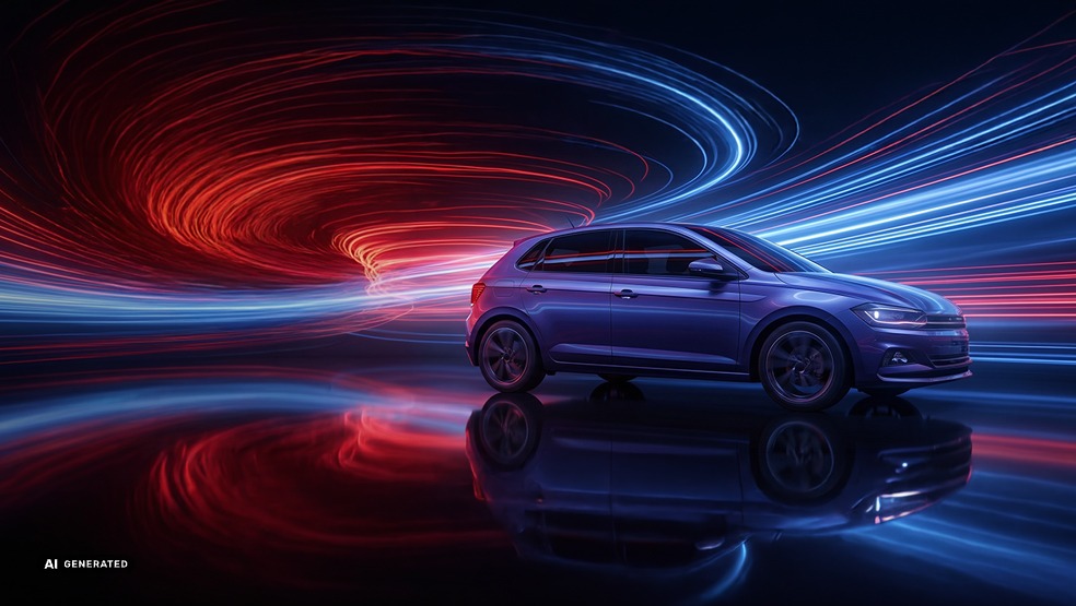Blue car driving through a futuristic tunnel of red and blue light trails, reflected on a glossy surface, with a small “AI generated” label in the bottom right corner.