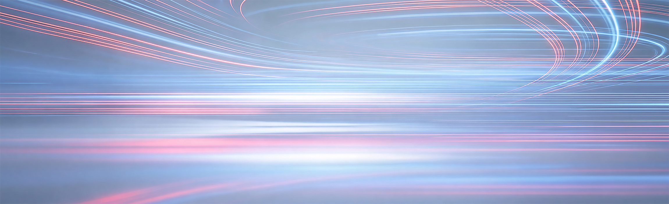 Abstract image with curved blue and pink light trails on a bright background, symbolizing speed, dynamism and digital motion